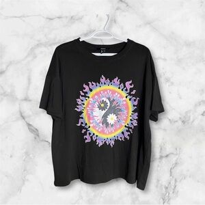 Black Graphic Tee - Yin Yang & Flame Design - Oversized Fit